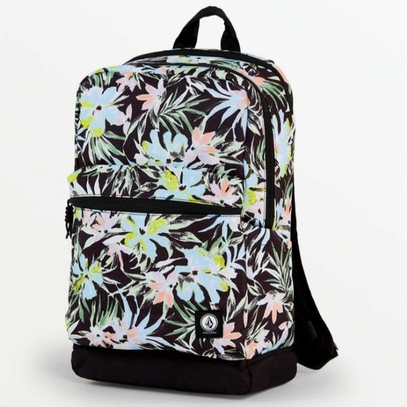 VOLCOM Girls Tropical Floral Print School Backpack Travel Hiking Black Bag - NWT - Picture 2 of 3